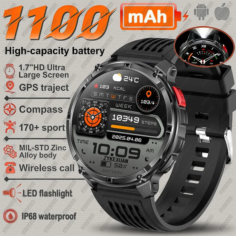 Black silicone Color Rugged GPS Outdoor Smartwatch – 1.7" Compass & Calls