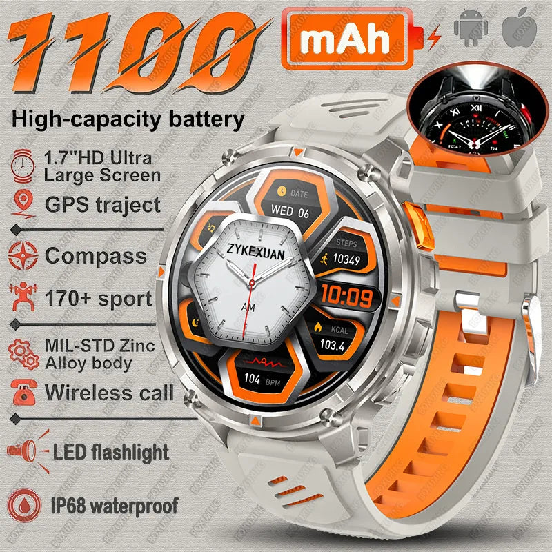 Grey Orange Color Rugged GPS Outdoor Smartwatch – 1.7" Compass & Calls