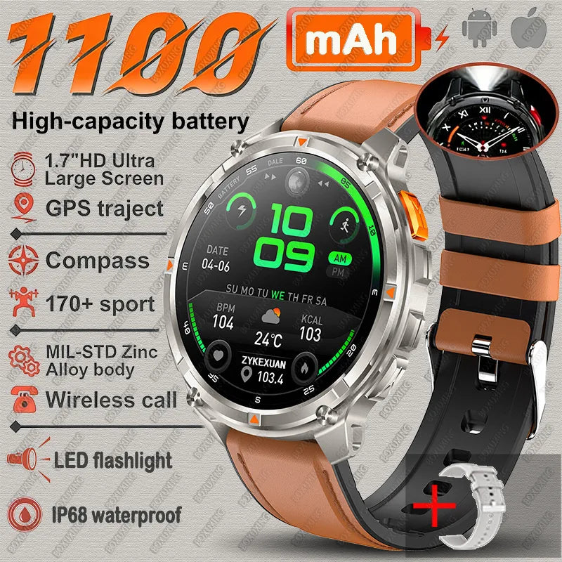 Brown Leather Color Rugged GPS Outdoor Smartwatch – 1.7" Compass & Calls