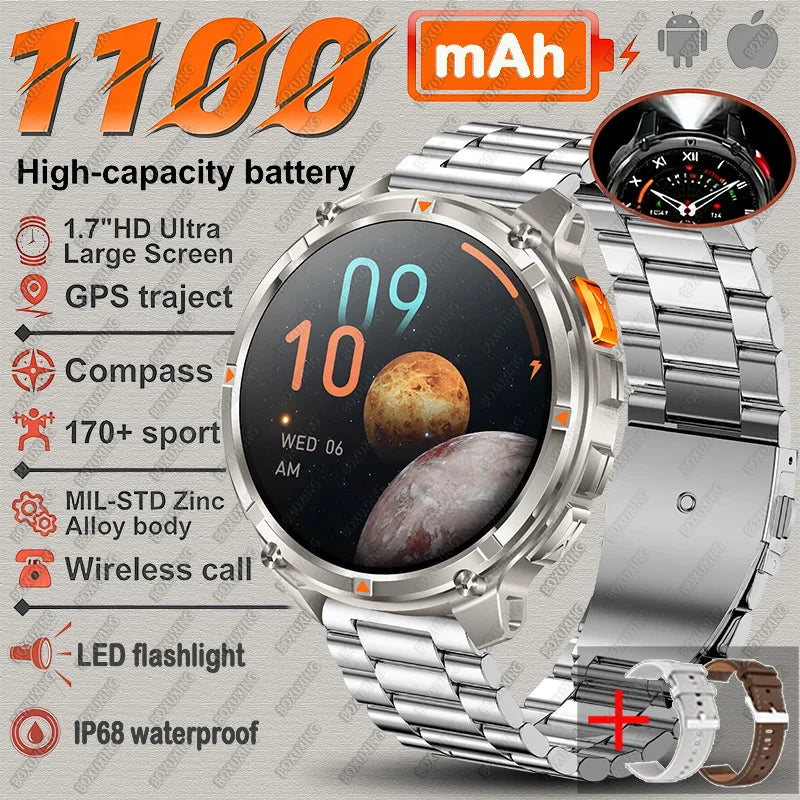 Silver steel strap Color Rugged GPS Outdoor Smartwatch – 1.7" Compass & Calls