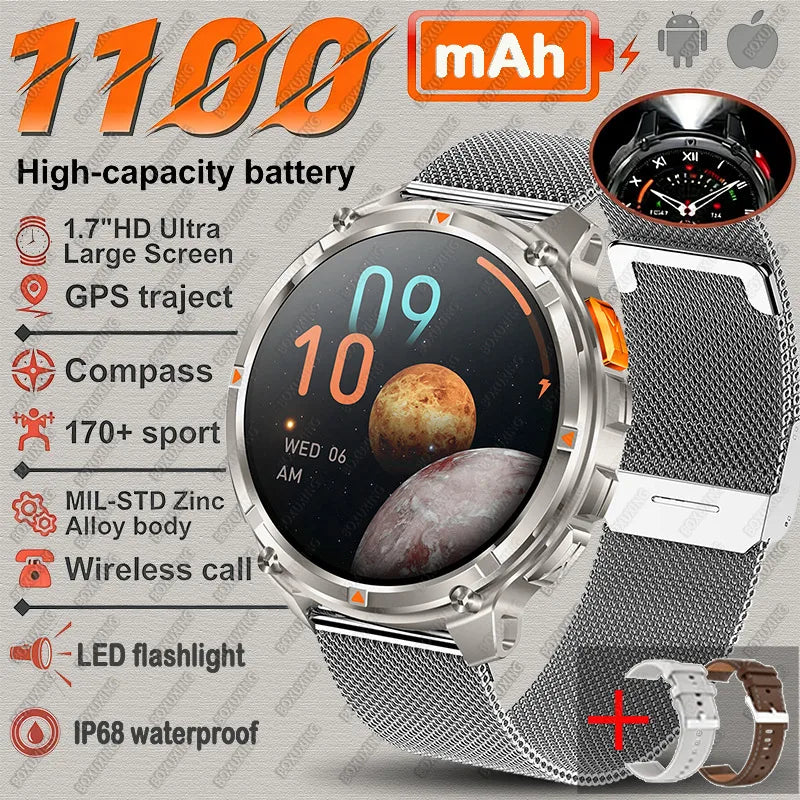 Silver mesh belt Color Rugged GPS Outdoor Smartwatch – 1.7" Compass & Calls