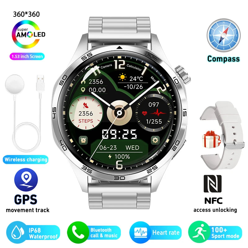 Silver steel Color Men’s AMOLED GPS Smart Watch With Bluetooth Calling