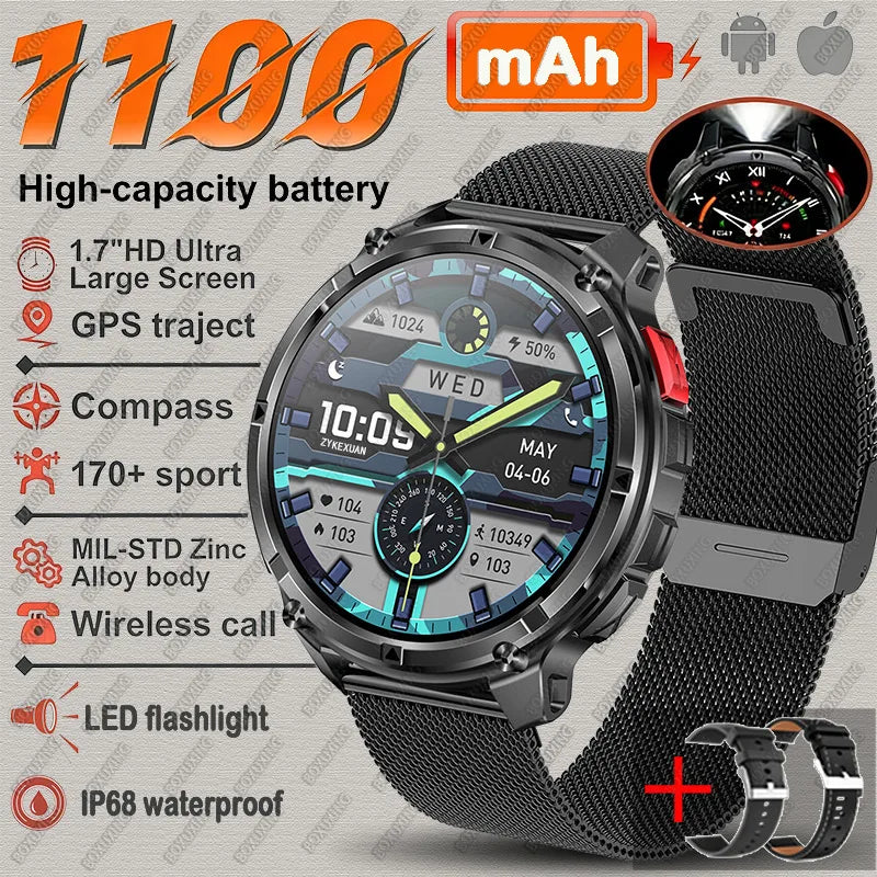 Black mesh belt Color Rugged GPS Outdoor Smartwatch – 1.7" Compass & Calls