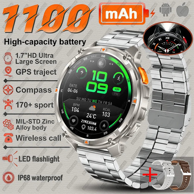 Silver steel strap 1 Color Rugged GPS Outdoor Smartwatch – 1.7" Compass & Calls