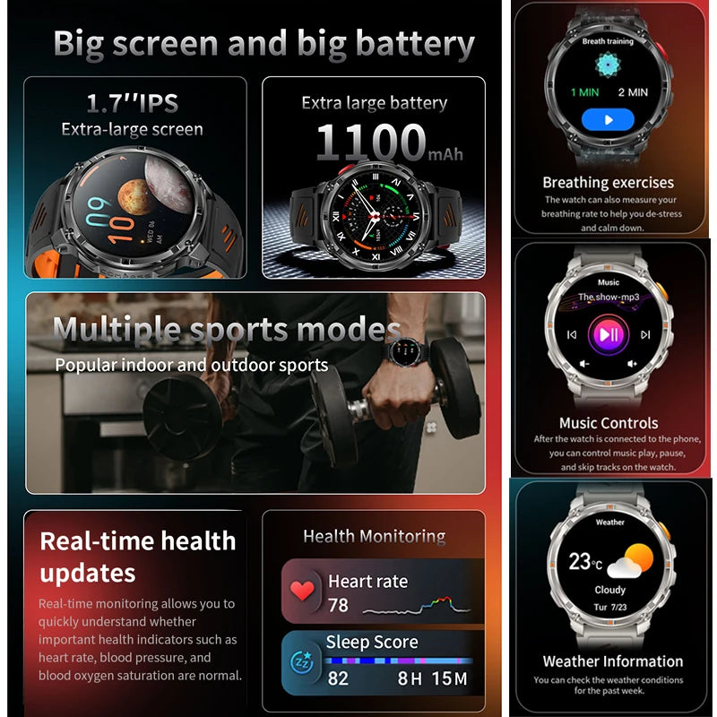 Rugged GPS Outdoor Smartwatch – 1.7" Compass & Calls