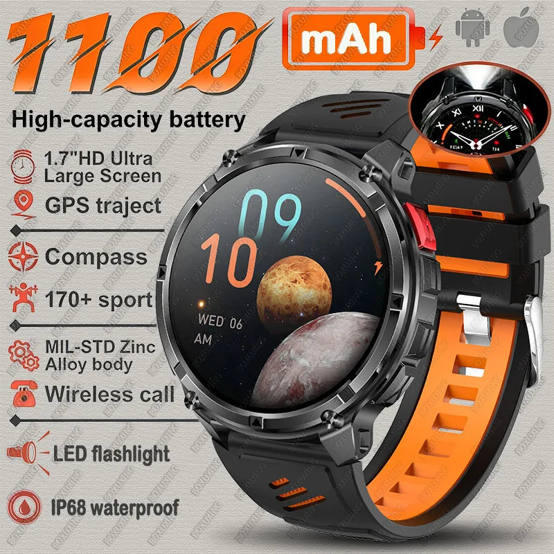 Black Orange Color Rugged GPS Outdoor Smartwatch – 1.7" Compass & Calls