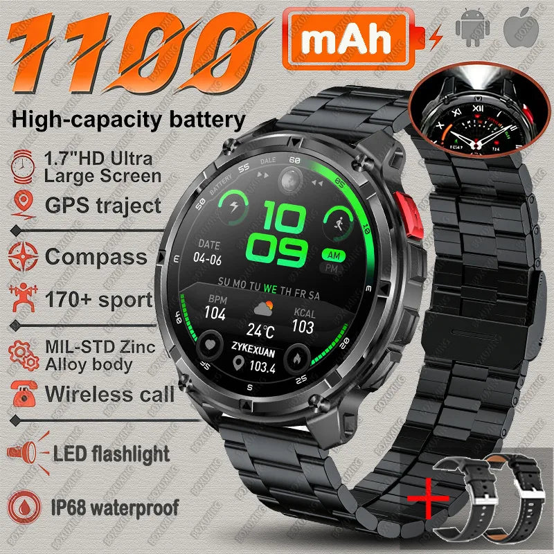 Black steel strap 1 Color Rugged GPS Outdoor Smartwatch – 1.7" Compass & Calls