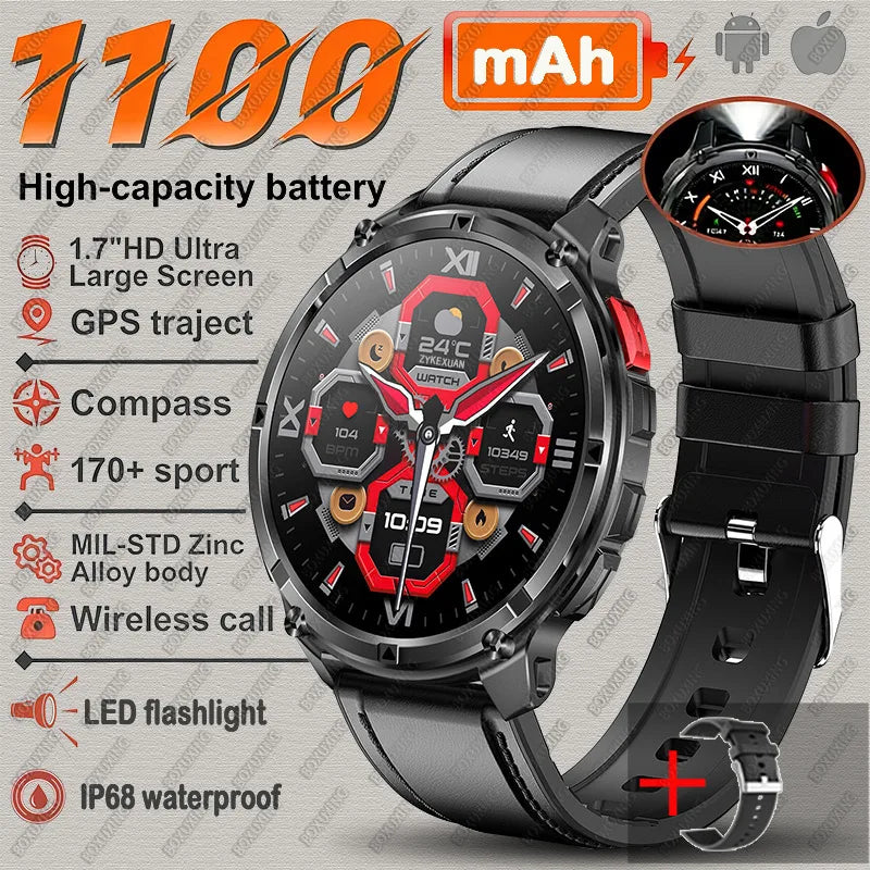 Black Leather Color Rugged GPS Outdoor Smartwatch – 1.7" Compass & Calls