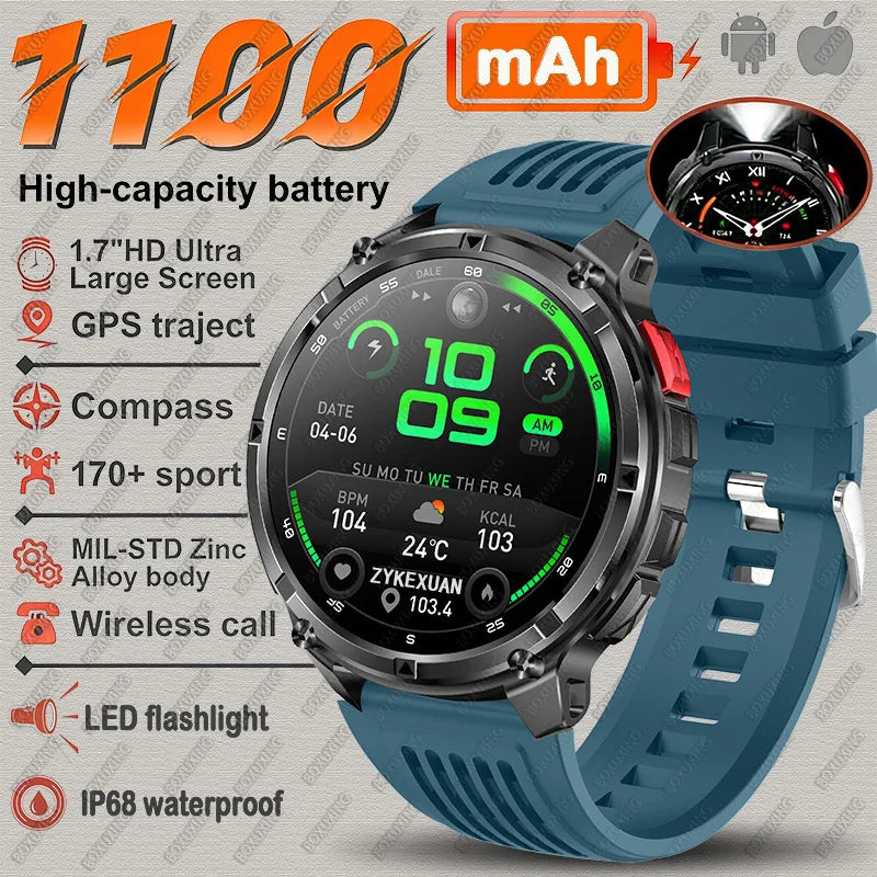 Blue silicone Color Rugged GPS Outdoor Smartwatch – 1.7" Compass & Calls