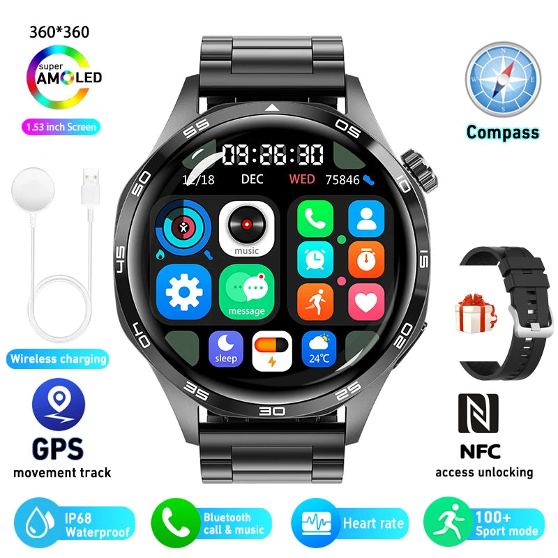 black steel Color Men’s AMOLED GPS Smart Watch With Bluetooth Calling