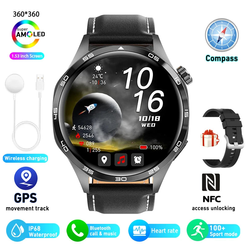 black leather belt Color Men’s AMOLED GPS Smart Watch With Bluetooth Calling