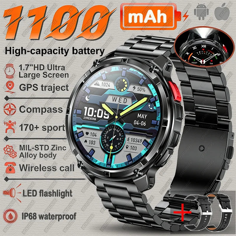 Black steel strap Color Rugged GPS Outdoor Smartwatch – 1.7" Compass & Calls